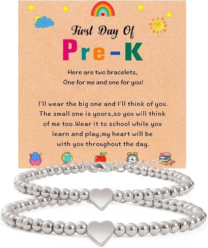 2Pcs First Day of Kindergarten Pre K Bracelet for Mommy and Me,14K Matching Heart Bracelets for Mother Daughter Son in Kuwait