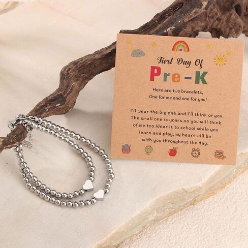 2Pcs First Day of Kindergarten Pre K Bracelet for Mommy and Me,14K Matching Heart Bracelets for Mother Daughter Son in Kuwait