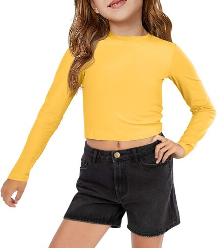 Haloumoning Girls Crop Tops Long Sleeve T Shirts Kids Crewneck Slim Fit Basic Tee for 5-14 Years in Saudi Arabia