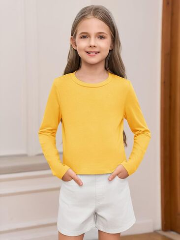 Haloumoning Girls Crop Tops Long Sleeve T Shirts Kids Crewneck Slim Fit Basic Tee for 5-14 Years in Saudi Arabia