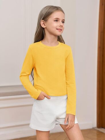 Haloumoning Girls Crop Tops Long Sleeve T Shirts Kids Crewneck Slim Fit Basic Tee for 5-14 Years in Saudi Arabia