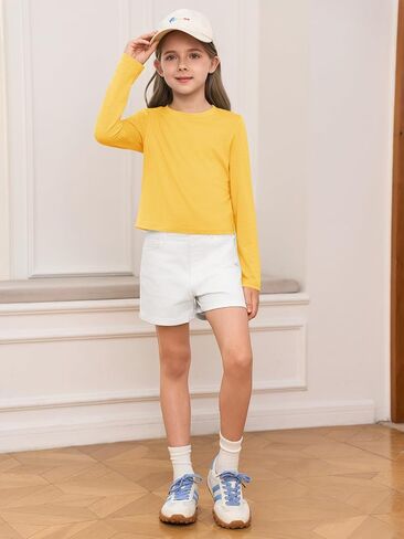 Haloumoning Girls Crop Tops Long Sleeve T Shirts Kids Crewneck Slim Fit Basic Tee for 5-14 Years in Saudi Arabia