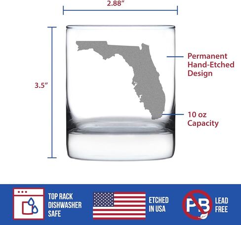 Florida State Outline Whiskey Rocks Glass - State Themed Drinking Decor and Gifts for Floridian Women & Men - 10.25 Oz Whisky Tumbler Glasses in Kuwait