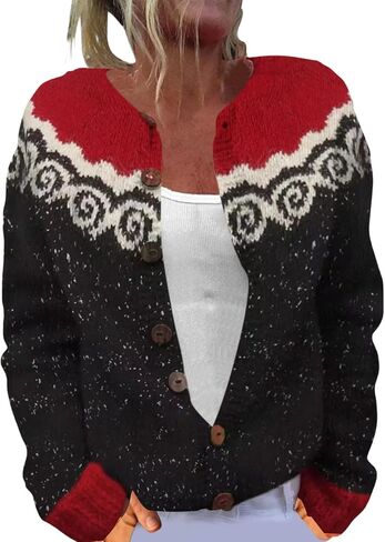 Women 's Fair Isle Cardigan Sweater Womens Boho Knitted Print Oversized Sweaters for Women Long Sleeve Warm Tops in Saudi Arabia