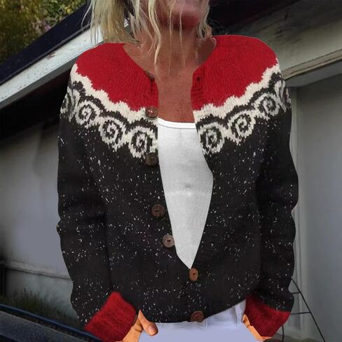 Women 's Fair Isle Cardigan Sweater Womens Boho Knitted Print Oversized Sweaters for Women Long Sleeve Warm Tops in Saudi Arabia