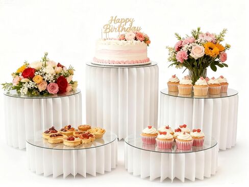 5 PCS البوفيه Risers Risears Food Riseers لطاولة بوفيه الحفلات ، مجموعة حلوى عرض مجموعة كعكة وسرد كب كيك حامل ، معرض Riser لمجوهرات الطعام ، الأبيض ، 4 "/8"/12 "H in Kuwait