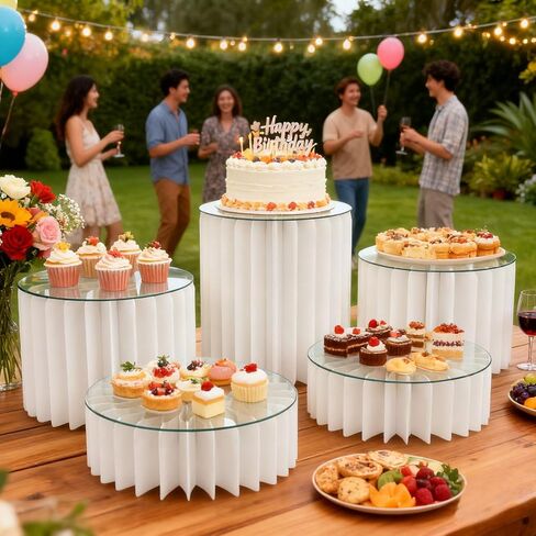5 PCS البوفيه Risers Risears Food Riseers لطاولة بوفيه الحفلات ، مجموعة حلوى عرض مجموعة كعكة وسرد كب كيك حامل ، معرض Riser لمجوهرات الطعام ، الأبيض ، 4 "/8"/12 "H in Kuwait