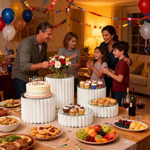 5 PCS البوفيه Risers Risears Food Riseers لطاولة بوفيه الحفلات ، مجموعة حلوى عرض مجموعة كعكة وسرد كب كيك حامل ، معرض Riser لمجوهرات الطعام ، الأبيض ، 4 "/8"/12 "H in Kuwait