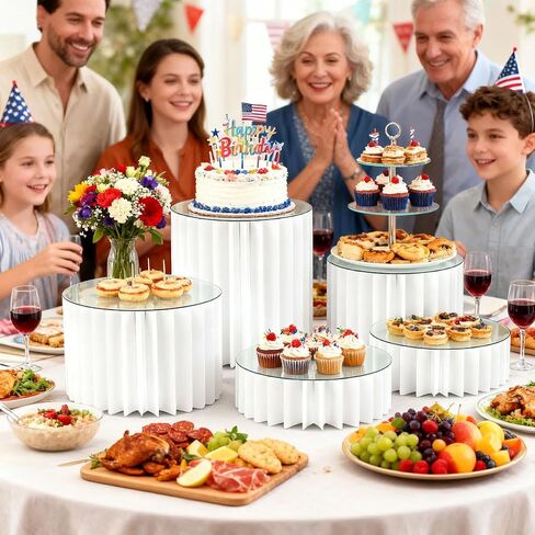 5 PCS البوفيه Risers Risears Food Riseers لطاولة بوفيه الحفلات ، مجموعة حلوى عرض مجموعة كعكة وسرد كب كيك حامل ، معرض Riser لمجوهرات الطعام ، الأبيض ، 4 "/8"/12 "H in Kuwait