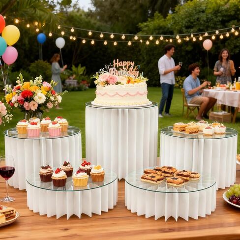 5 PCS البوفيه Risers Risears Food Riseers لطاولة بوفيه الحفلات ، مجموعة حلوى عرض مجموعة كعكة وسرد كب كيك حامل ، معرض Riser لمجوهرات الطعام ، الأبيض ، 4 "/8"/12 "H in Kuwait