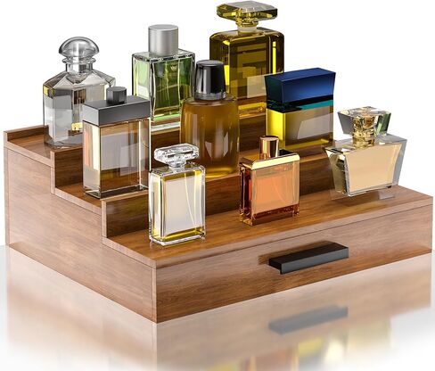 Walnut Wood Cologne Organizer for Men 3 Tier Cologne Stand,Wooden Cologne Holder Display Shelf with Hidden Compartment and Drawer,Perfume Organizer Great Gift for Men in Saudi Arabia