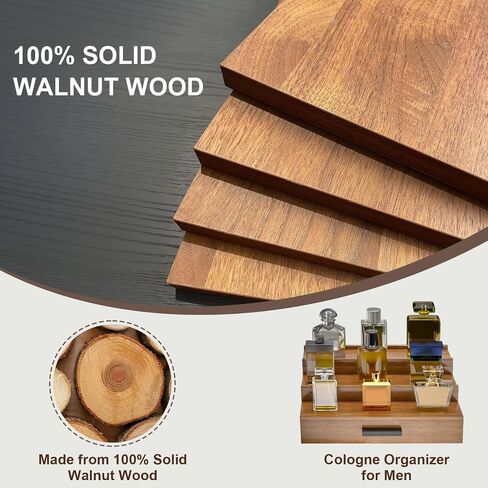 Walnut Wood Cologne Organizer for Men 3 Tier Cologne Stand,Wooden Cologne Holder Display Shelf with Hidden Compartment and Drawer,Perfume Organizer Great Gift for Men in Saudi Arabia