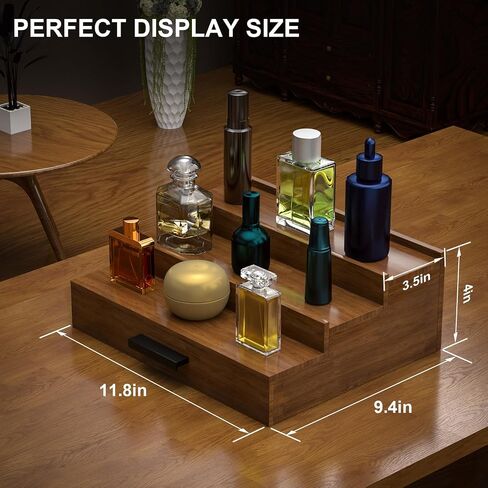 Walnut Wood Cologne Organizer for Men 3 Tier Cologne Stand,Wooden Cologne Holder Display Shelf with Hidden Compartment and Drawer,Perfume Organizer Great Gift for Men in Saudi Arabia