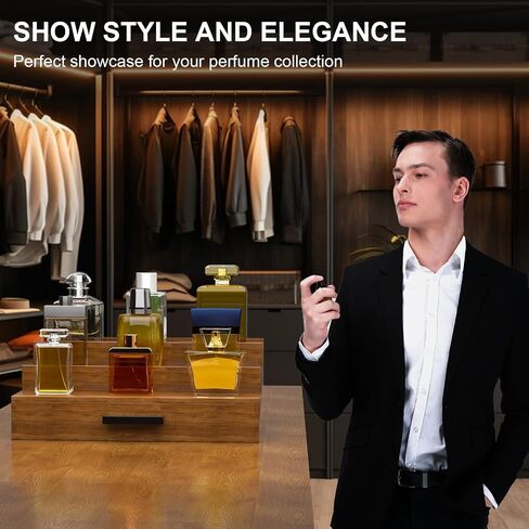 Walnut Wood Cologne Organizer for Men 3 Tier Cologne Stand,Wooden Cologne Holder Display Shelf with Hidden Compartment and Drawer,Perfume Organizer Great Gift for Men in Saudi Arabia