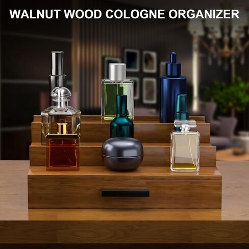 Walnut Wood Cologne Organizer for Men 3 Tier Cologne Stand,Wooden Cologne Holder Display Shelf with Hidden Compartment and Drawer,Perfume Organizer Great Gift for Men in Saudi Arabia
