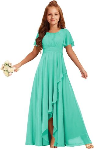 Junior Bridesmaid Dresses Short Sleeve Ruffle Flower Girl Dress for Wedding Guest Chiffon Girls Formal Dress with Slit in Saudi Arabia