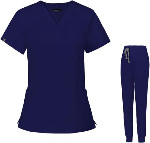 Meichoon Medical Uniforms V-Neck Stretch Scrubs Top Short Sleeve with 3 Pockets Stretch Yoga Jogger Pants Elastic DK09 in Saudi Arabia
