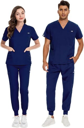 Meichoon Medical Uniforms V-Neck Stretch Scrubs Top Short Sleeve with 3 Pockets Stretch Yoga Jogger Pants Elastic DK09 in Saudi Arabia