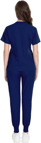 Meichoon Medical Uniforms V-Neck Stretch Scrubs Top Short Sleeve with 3 Pockets Stretch Yoga Jogger Pants Elastic DK09 in Saudi Arabia