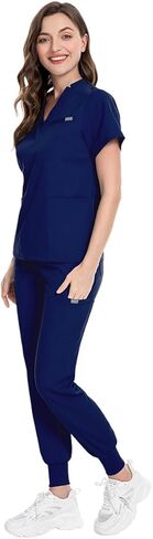 Meichoon Medical Uniforms V-Neck Stretch Scrubs Top Short Sleeve with 3 Pockets Stretch Yoga Jogger Pants Elastic DK09 in Saudi Arabia