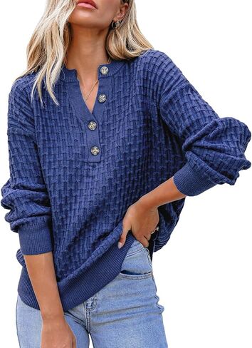 Dokotoo Womens Sweaters 2024 Casual Long Sleeve V Neck Textured Button Fall Sweater Loose Fit Pullover Jumper Tops in Saudi Arabia