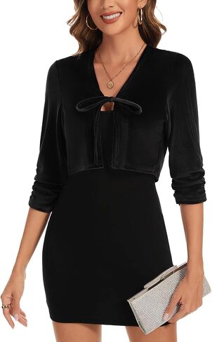 المرأة الأنيقة 3/4 الأكمام المخملية تجاهل Bolero TIE Cocktail Party Cardigan Cardigan Top for Dress in Kuwait