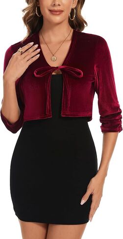 المرأة الأنيقة 3/4 الأكمام المخملية تجاهل Bolero TIE Cocktail Party Cardigan Cardigan Top for Dress in Kuwait