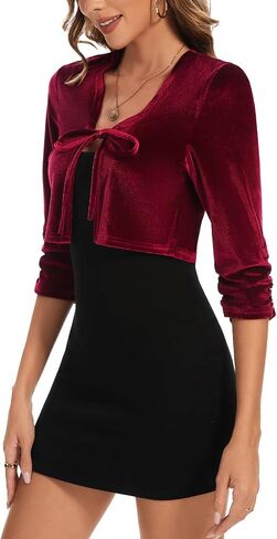 المرأة الأنيقة 3/4 الأكمام المخملية تجاهل Bolero TIE Cocktail Party Cardigan Cardigan Top for Dress in Kuwait