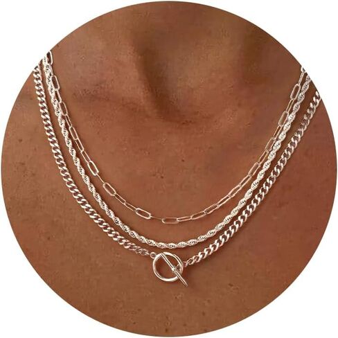 قلادات بمشبك تبديل الطبقات للنساء - قلادة أنيقة أنيقة مطلية بالذهب عيار 14 قيراط على شكل مشبك ورقي وسلسلة حبلية عصرية وصلة كوبية وسلسلة مكتنزة هدية مجوهرات in Kuwait