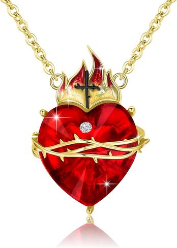 OHAYOO Sacred Heart of Jesus Necklace 925 Sterling Silver Cross Sacred Heart Necklace Inlaid Cubic Zirconia Christian Amulet Christian Gift in Kuwait