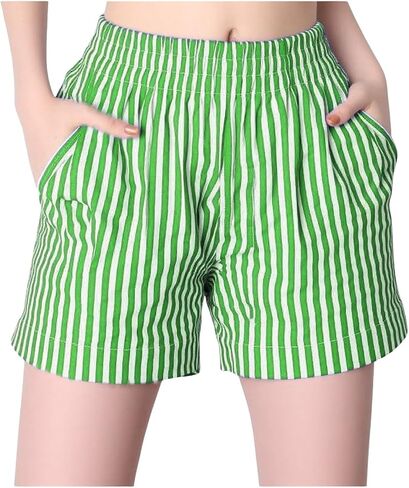 Womens Striped Print Shorts with Slant Pocket High Waist Casual Mini Shorts in Saudi Arabia
