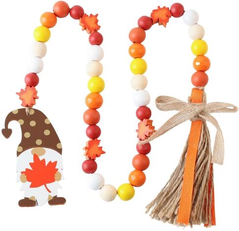 Fall Wood Bead Garland Thanksgiving Decorations Autumn Maple Leaf Shaped Wooden Beads with Tassel Rustic Farmhouse Tiered Tray Holiday Decor Hanging Ornaments for Home Party in Saudi Arabia