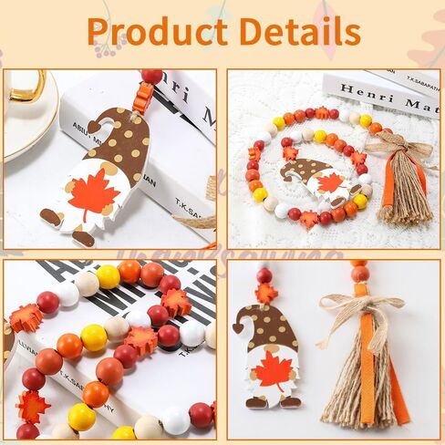 Fall Wood Bead Garland Thanksgiving Decorations Autumn Maple Leaf Shaped Wooden Beads with Tassel Rustic Farmhouse Tiered Tray Holiday Decor Hanging Ornaments for Home Party in Saudi Arabia