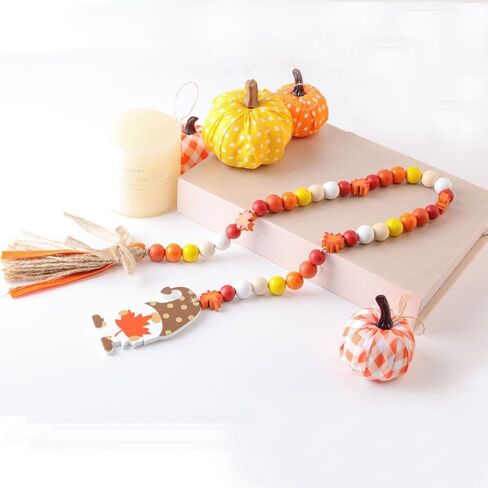 Fall Wood Bead Garland Thanksgiving Decorations Autumn Maple Leaf Shaped Wooden Beads with Tassel Rustic Farmhouse Tiered Tray Holiday Decor Hanging Ornaments for Home Party in Saudi Arabia