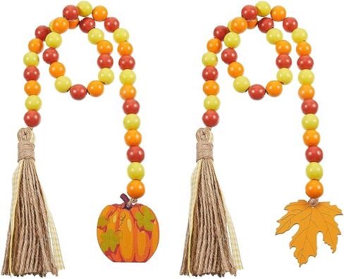 2 Pcs Fall Wood Bead Garland with Tassel Thanksgiving Day Decoration with Pumpkin Maple Leaf Tassel Rustic Farmhouse Wooden Bead Garland for Halloween Fall Harvest Tiered Tray Home Decor in Saudi Arabia