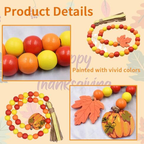 2 Pcs Fall Wood Bead Garland with Tassel Thanksgiving Day Decoration with Pumpkin Maple Leaf Tassel Rustic Farmhouse Wooden Bead Garland for Halloween Fall Harvest Tiered Tray Home Decor in Saudi Arabia