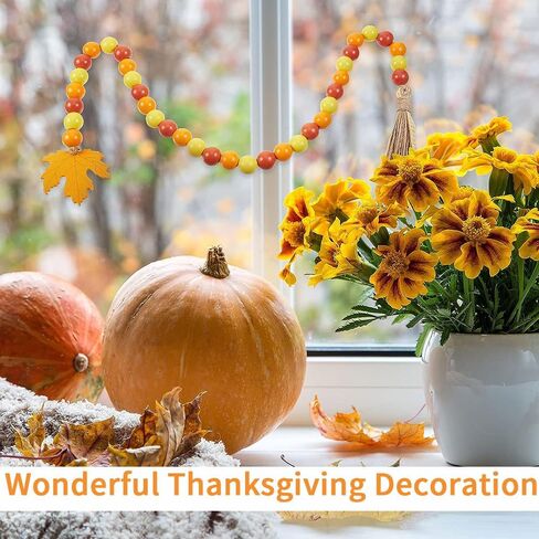 2 Pcs Fall Wood Bead Garland with Tassel Thanksgiving Day Decoration with Pumpkin Maple Leaf Tassel Rustic Farmhouse Wooden Bead Garland for Halloween Fall Harvest Tiered Tray Home Decor in Saudi Arabia
