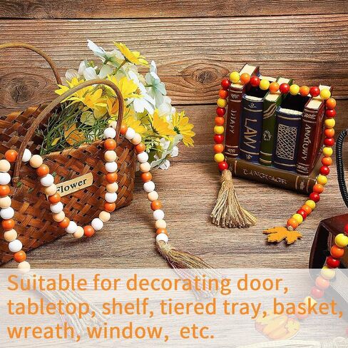2 Pcs Fall Wood Bead Garland with Tassel Thanksgiving Day Decoration with Pumpkin Maple Leaf Tassel Rustic Farmhouse Wooden Bead Garland for Halloween Fall Harvest Tiered Tray Home Decor in Saudi Arabia