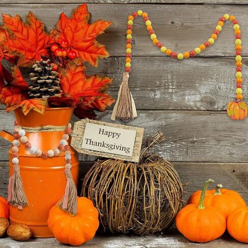 2 Pcs Fall Wood Bead Garland with Tassel Thanksgiving Day Decoration with Pumpkin Maple Leaf Tassel Rustic Farmhouse Wooden Bead Garland for Halloween Fall Harvest Tiered Tray Home Decor in Saudi Arabia