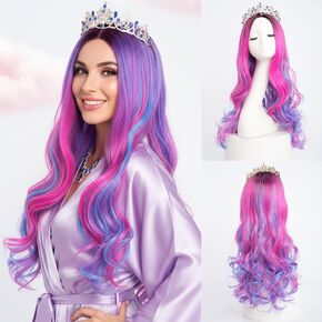 Girls Wig and Crown Pink Mixed Blue Wig Long Wavy Halloween Costume Party Wig Black Roots in Saudi Arabia