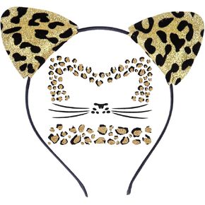 Cheetah Ears Headband with Leopard Face Stickers Glitter Leopard Print Ears Headband Halloween Costume for Adult in Saudi Arabia