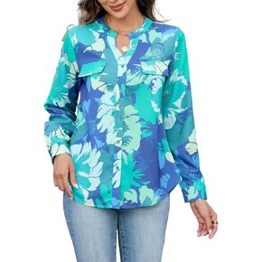 AGSEEM Button Down Shirts for Women Long Sleeve Blouse Solid Color Floral Printed V Neck Blouse Fashion Casual Tops 2025 in Saudi Arabia