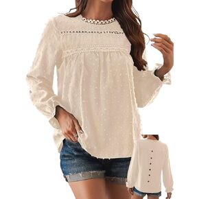 Womens Tops Long Ruffle Sleeve Shirts For Women Cute Crewneck Blouse Dressy Casual Swiss Dot Crochet Hollow Top 2024 in Kuwait