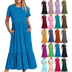 Maxi Dresses for Women 2025 Plus Size Short Sleeve Tiered Ruffle Dress Summer Causal Crewneck Tshirt Dress Pockets in Saudi Arabia