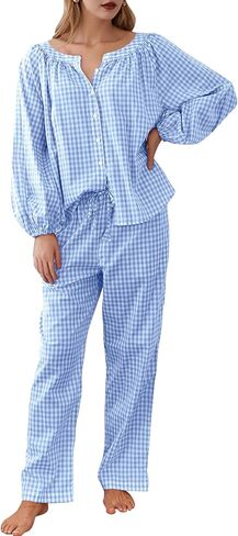 cozypoin womens gingham pajama set 2 قطعة من القطن منقو in Kuwait