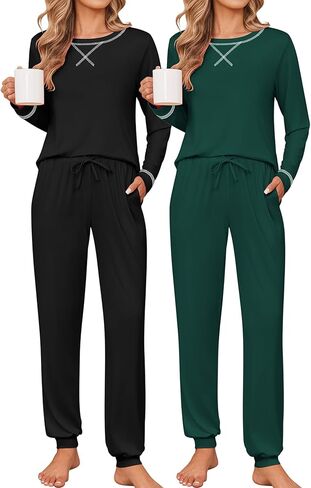 Ekouaer 2 Pack Pajama Sets for Womens Jogger Pants Pjs Long Sleeves Lounge Set Soft Sleepwear with Pockets in Saudi Arabia
