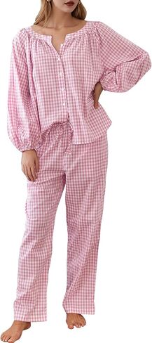 cozypoin womens gingham pajama set 2 قطعة من القطن منقو in Kuwait