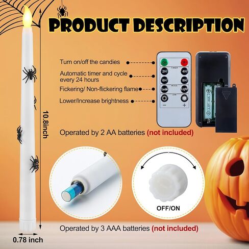 Halloween 3D Spider LED Taper Candles, 6 Packs Real Wax Flameless Taper Candles Battery Operated with Remote, Spooky Candlesticks for Halloween Decoration, Batteries Not Included (0.7" x 11") in Saudi Arabia