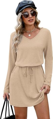 Ofeefan Fall Dresses for Women 2025 VOOLED V NECK LONG TRIVES TIRTS SUNDRESSES TIE ABORD A-LINE in Kuwait