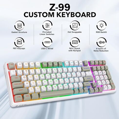 HUO JI لوحة مفاتيح ميكانيكية سلكية، قابلة للتبديل السريع، مفاتيح خطية مسبقة التشحيم، هيكل حشية مع رغوة تخميد الصوت، إضاءة خلفية RGB، لوحة مفاتيح ألعاب 99 مفتاحًا للكمبيوتر الشخصي/Mac، أبيض in Kuwait